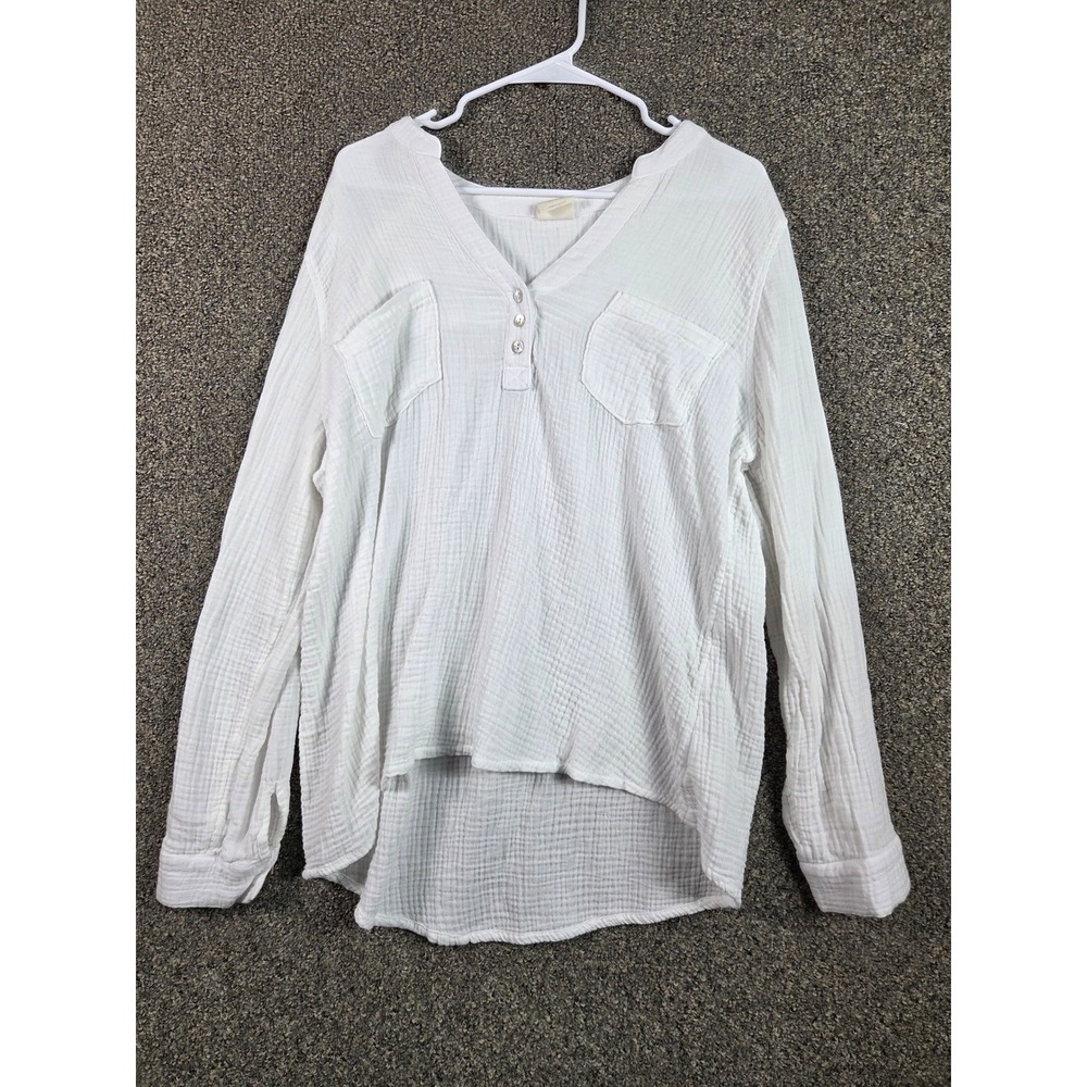 Mote‎ Henley Shirt Womens XXL White Gauze Cotton High Low Long Sleeve Pockets